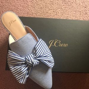 JCrew: Blue & white stripe slides with bow